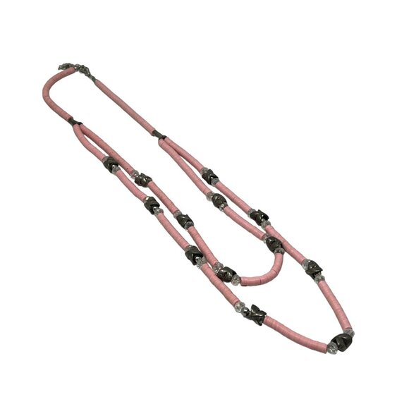 Double Strand Necklace Pink Flat Beads Crystal and Silver Stations - Picture 3 of 6